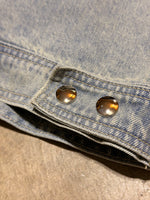 Close-up of a blue denim jacket with two buttons on a textured surface.