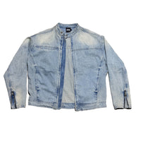 Light blue denim jacket on a white background